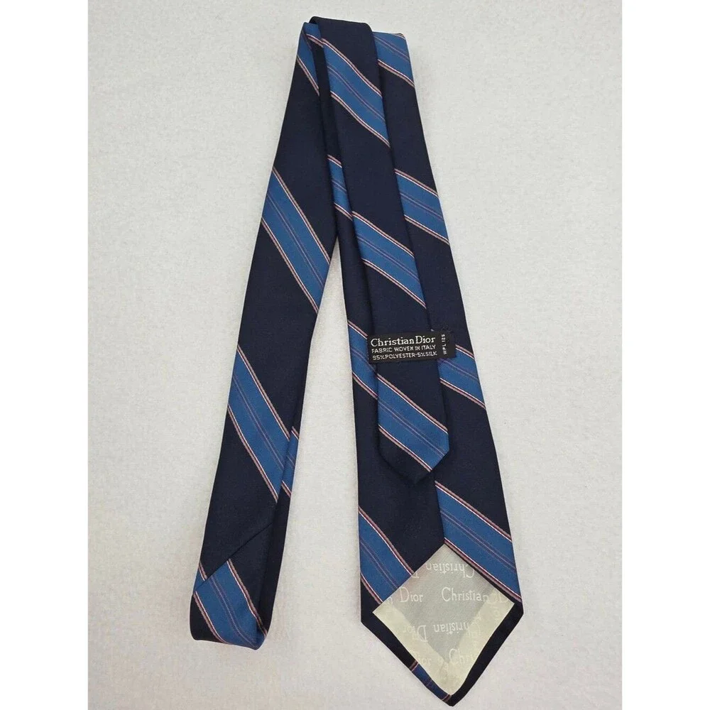 Christian Dior Men's Navy Blue Striped Poly Silk Tie 3975